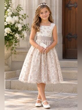 Sz 8 Jenny & Me Embroidered Floral Champagne Dress Flower Girl First Communion